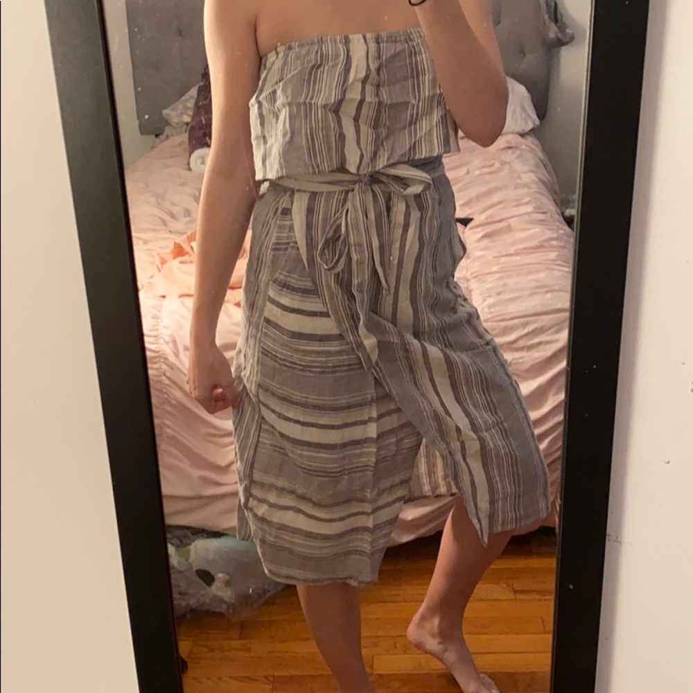 Grey and white striped strapless dress
